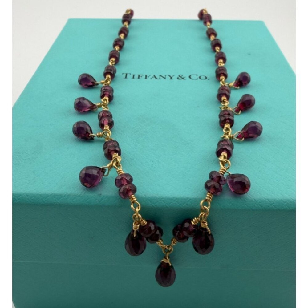 Tiffany & Co. 18k Yellow Gold Garnet Rhodolite Twist Toggle Necklace 16.5" 16g